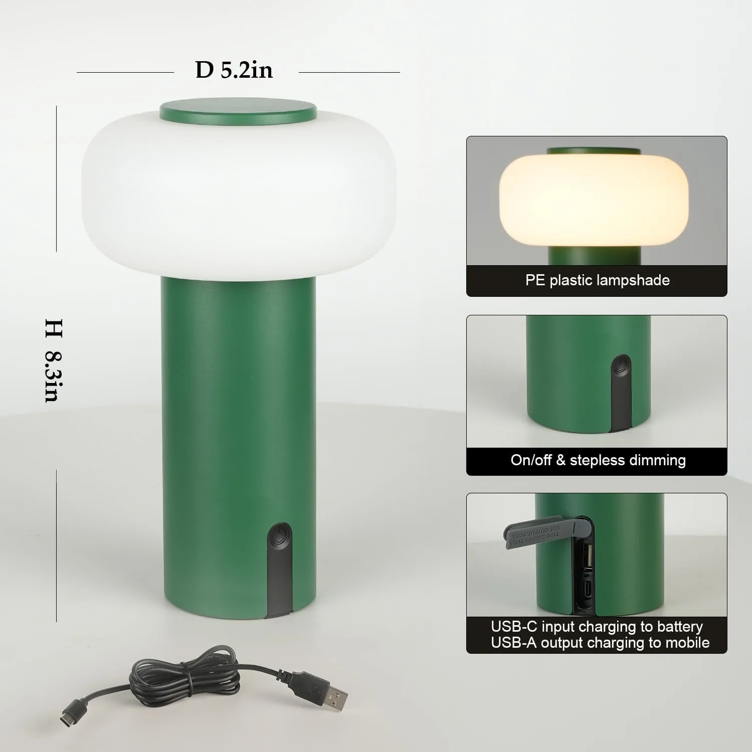 Shower Lamp Waterproof, Outdoor Cordless Table Lamp Rechargeable, Portable Battery Operated Lamp, Touch Dimmable Night Light for Bedroom/Patio/Dinning/Camping (Green)