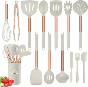 Silicone Cooking Utensil Set, 14pcs Kitchen Utensils Set Non-stick Heat Resistant Cookware Copper Stainless Steel Handle Cooking Tools Turner Tongs Spatula Spoon - BPA Free, Non Toxic