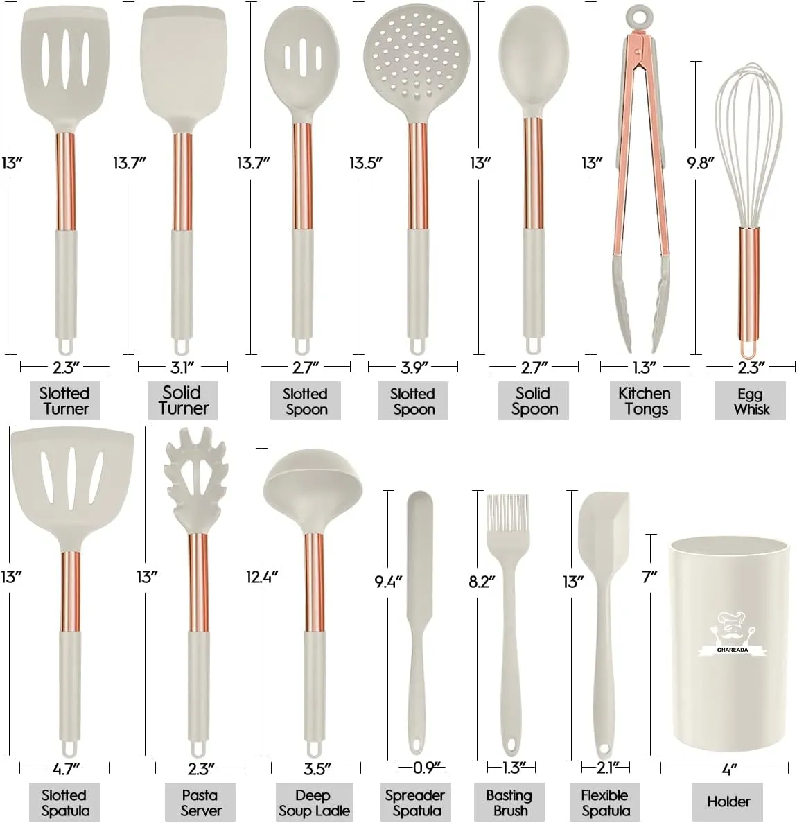 Silicone Cooking Utensil Set, 14pcs Kitchen Utensils Set Non-stick Heat Resistant Cookware Copper Stainless Steel Handle Cooking Tools Turner Tongs Spatula Spoon - BPA Free, Non Toxic