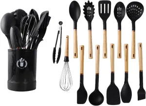 Silicone Cooking Utensils Set, Kitchen Utensils Set 13 Pcs for cooking, BPA Free Spatula Set with Heat Resistant Wood Handles for Nonstick Cookware Dishwasher Safe(Black)