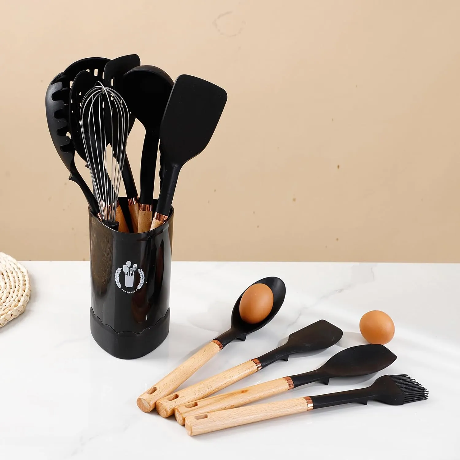 Silicone Cooking Utensils Set, Kitchen Utensils Set 13 Pcs for cooking, BPA Free Spatula Set with Heat Resistant Wood Handles for Nonstick Cookware Dishwasher Safe(Black)