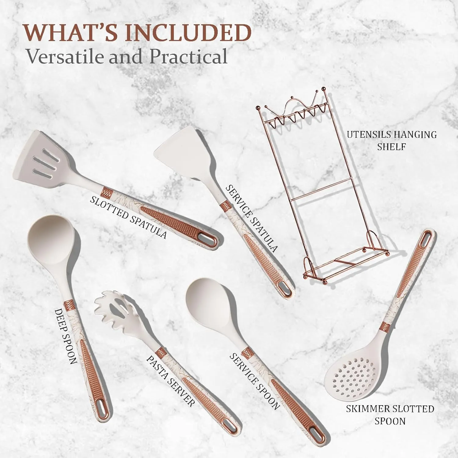 Silicone Cooking Utensils Set, Luxury 7 Pcs Kitchen Utensils Set with Hanging Shelf, Heat Resistant Spatula Turner Set for Nonstick Cookware, Kitchenware Sets for Kitchen Home Restaurant (White)