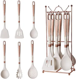 Silicone Cooking Utensils Set, Luxury 7 Pcs Kitchen Utensils Set with Hanging Shelf, Heat Resistant Spatula Turner Set for Nonstick Cookware, Kitchenware Sets for Kitchen Home Restaurant (White)