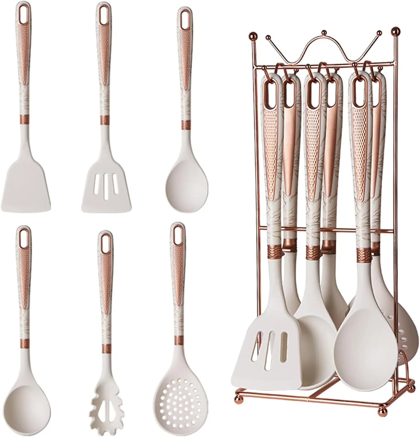 Silicone Cooking Utensils Set, Luxury 7 Pcs Kitchen Utensils Set with Hanging Shelf, Heat Resistant Spatula Turner Set for Nonstick Cookware, Kitchenware Sets for Kitchen Home Restaurant (White)