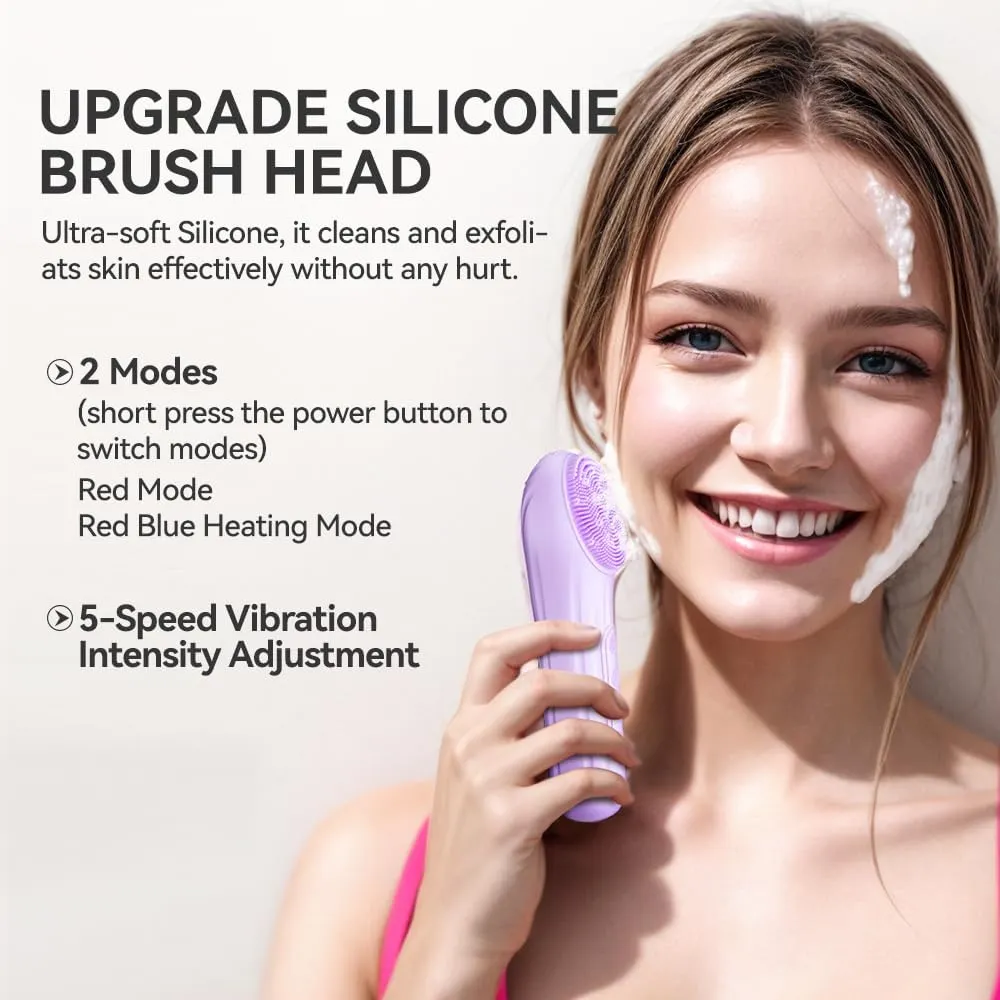 Silicone Face Scrubber, Facial Cleansing Brush with Heating and Vibration, Electric Waterproof Face Wash Brush with 5 Gears Strength for Exfoliating, Deep Cleaning, and Face Massaging (Purple)