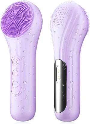 Silicone Face Scrubber, Facial Cleansing Brush with Heating and Vibration, Electric Waterproof Face Wash Brush with 5 Gears Strength for Exfoliating, Deep Cleaning, and Face Massaging (Purple)