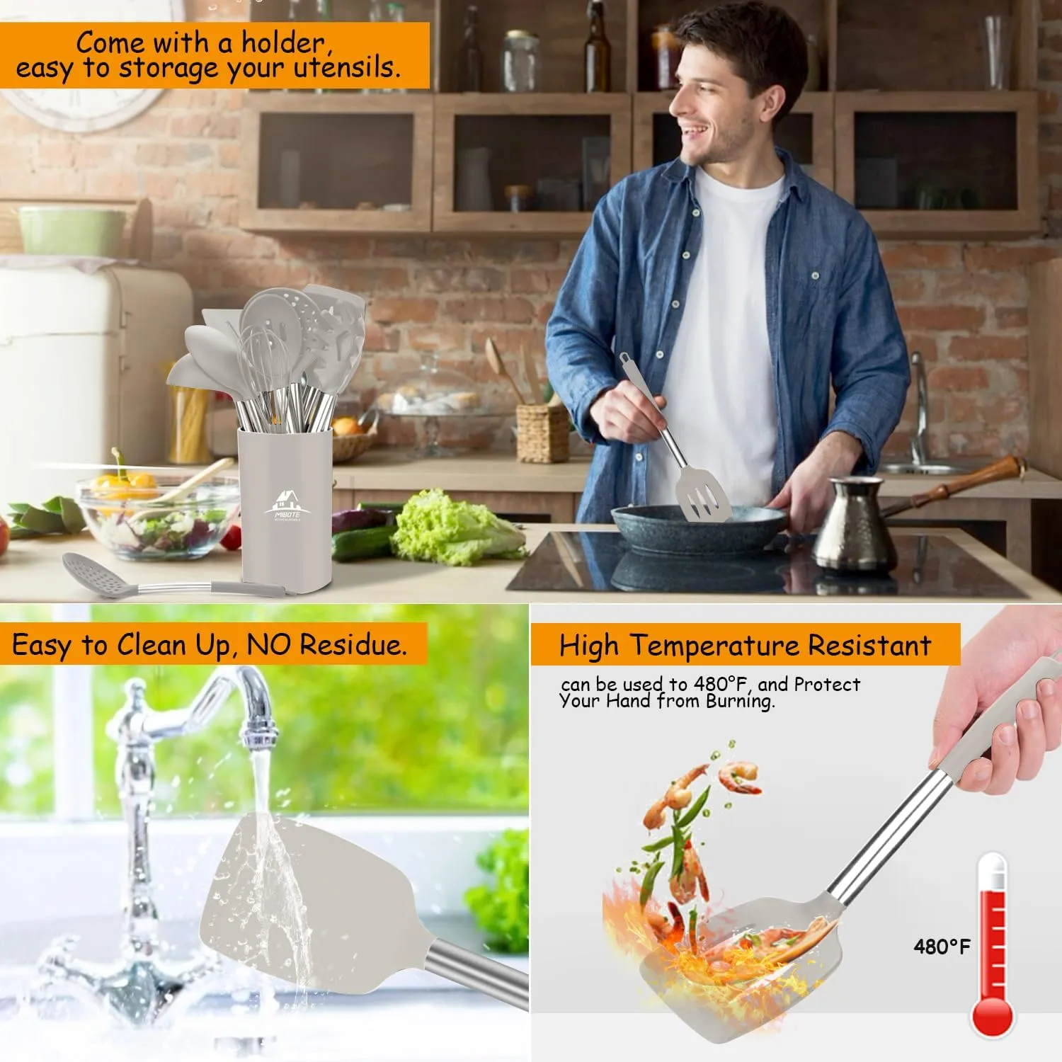 Silicone Kitchen Cooking Utensil Set, Silicone Kitchen Spatula Utensils Set with Stainless Steel Handle,Non-stick Heat Resistant - Best Kitchen Cookware Set-(Khaki)