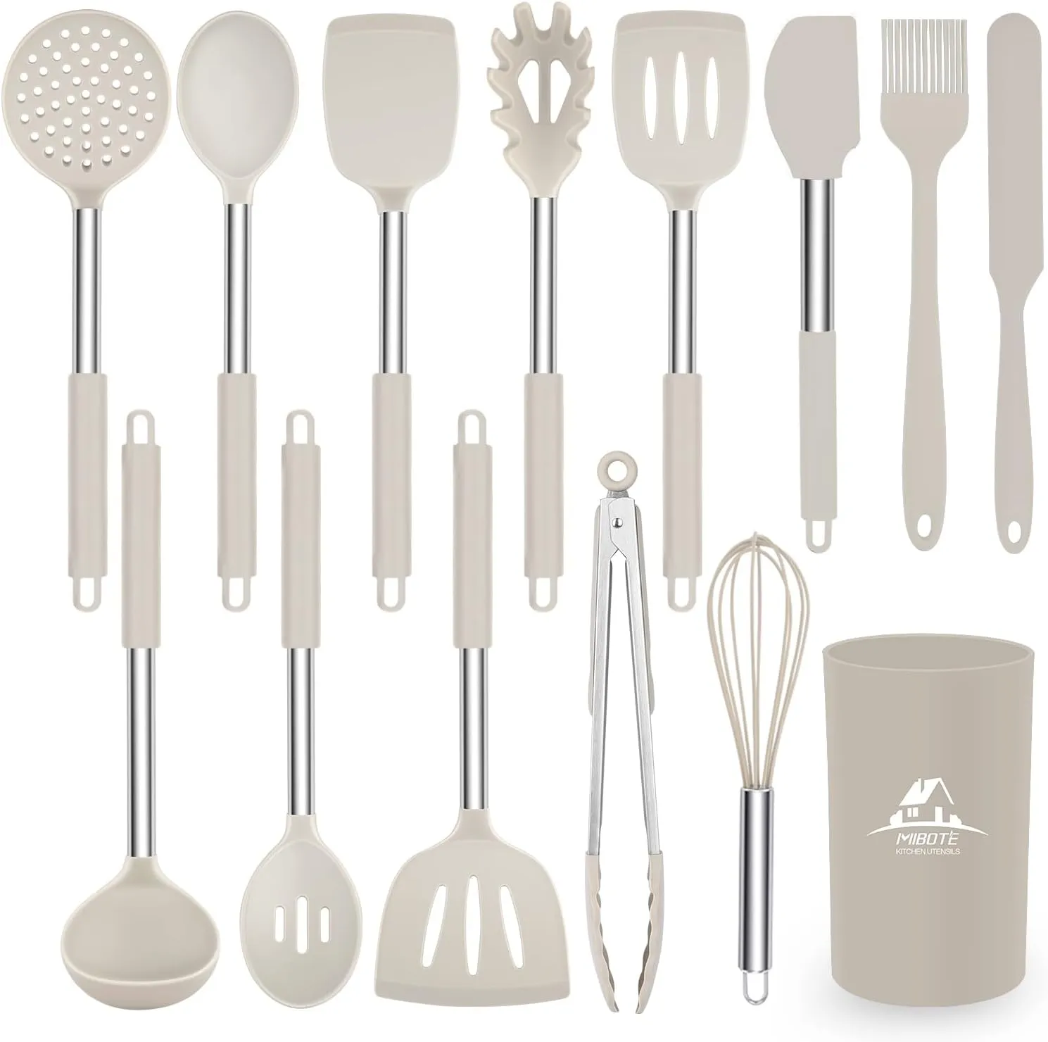 Silicone Kitchen Cooking Utensil Set, Silicone Kitchen Spatula Utensils Set with Stainless Steel Handle,Non-stick Heat Resistant - Best Kitchen Cookware Set-(Khaki)