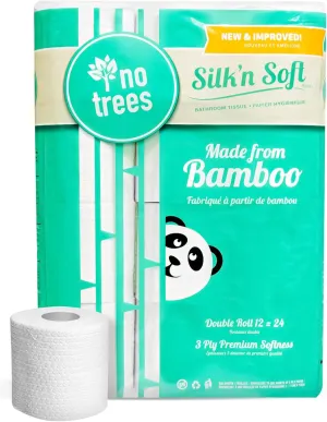Silk'n Soft Bamboo Toilet Paper - Tree-Free Environment Safe Biodegradable Septic-Safe Fragrance Free Strong Dependable Panda Friendly Absorbent Bathroom Tissue 3-Ply - (12 Rolls)… Bleached