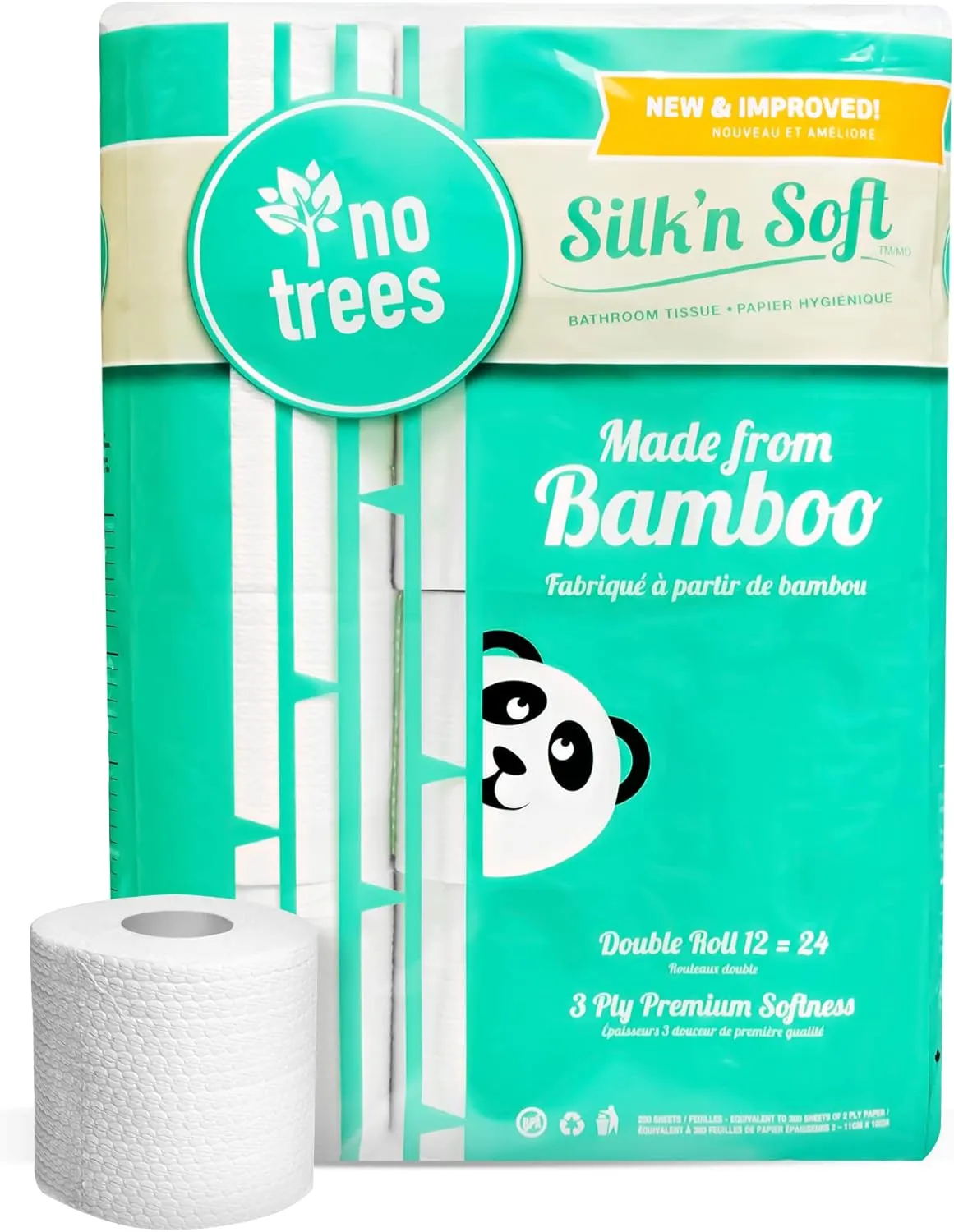 Silk'n Soft Bamboo Toilet Paper - Tree-Free Environment Safe Biodegradable Septic-Safe Fragrance Free Strong Dependable Panda Friendly Absorbent Bathroom Tissue 3-Ply - (12 Rolls)… Bleached