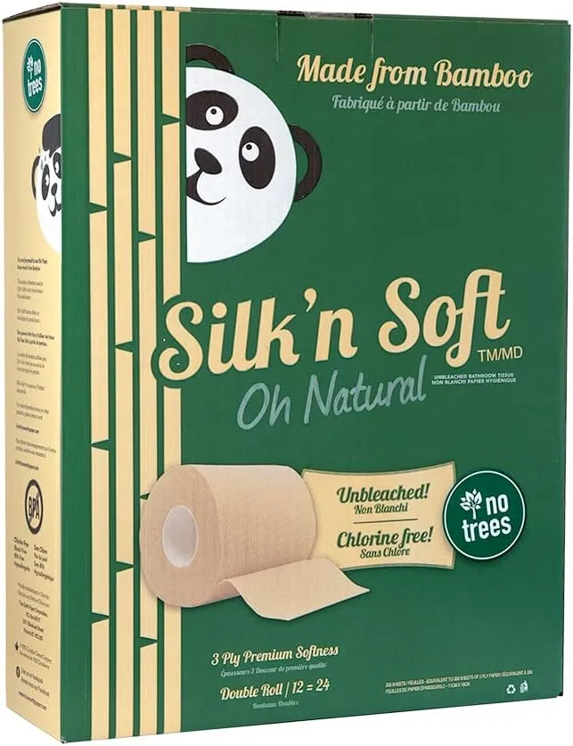 Silk'n Soft Unbleached Bamboo Toilet Paper - Tree-Free Environment Safe Biodegradable Septic-Safe Strong Dependable Panda Friendly Absorbent Bathroom Tissue 3-Ply Chlorine Free (12 Rolls)