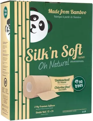 Silk'n Soft Unbleached Bamboo Toilet Paper - Tree-Free Environment Safe Biodegradable Septic-Safe Strong Dependable Panda Friendly Absorbent Bathroom Tissue 3-Ply Chlorine Free (12 Rolls)