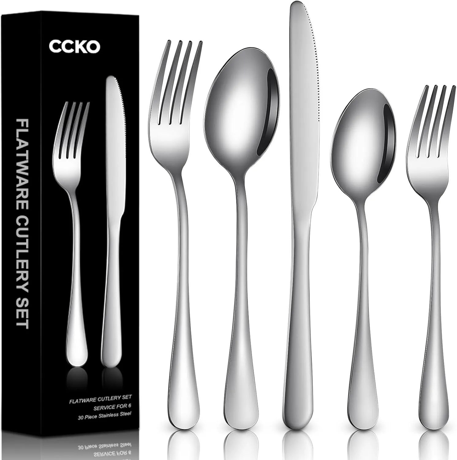 Silverware Set for 6 Premium Stainless Steel Cutlery Set Mirror Polished Flatware Set 30 Piece Knife Forks and Spoons Silverware Set Food-Grade Tableware Utensils Set for Restaurant Dishwasher Safe