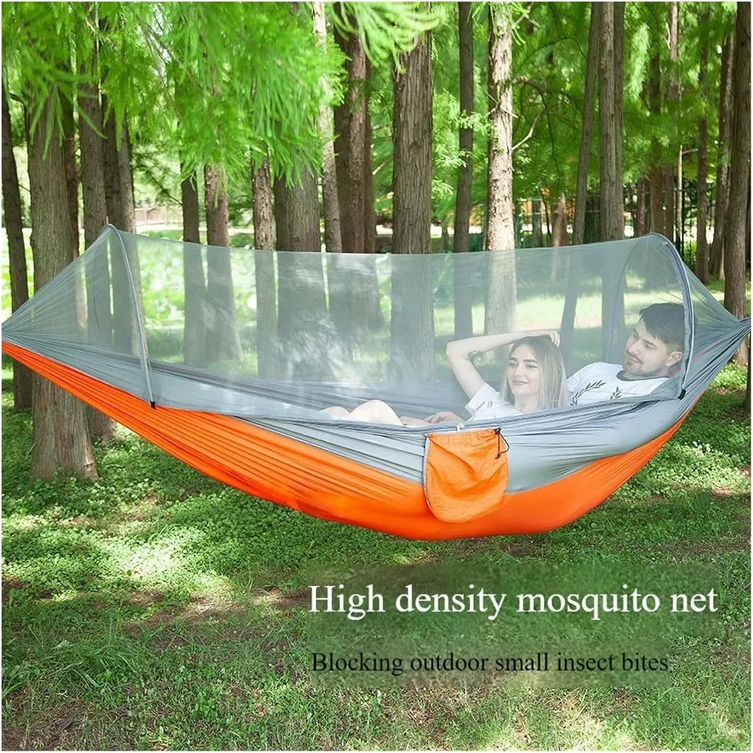 Single and Double Size Nylon Fabric Portable Travel Outdoor Camping Hanging Sleeping Hammock with Mosquito Net Camping Supplies for Terrace, Outdoor(Orange Grey)