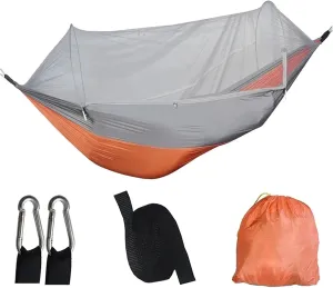 Single and Double Size Nylon Fabric Portable Travel Outdoor Camping Hanging Sleeping Hammock with Mosquito Net Camping Supplies for Terrace, Outdoor(Orange Grey)