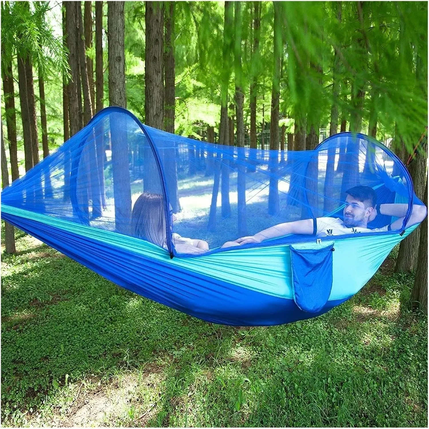 Single and Double Size Nylon Fabric Portable Travel Outdoor Camping Hanging Sleeping Hammock with Mosquito Net Camping Supplies for Terrace, Outdoor(Orange Grey)