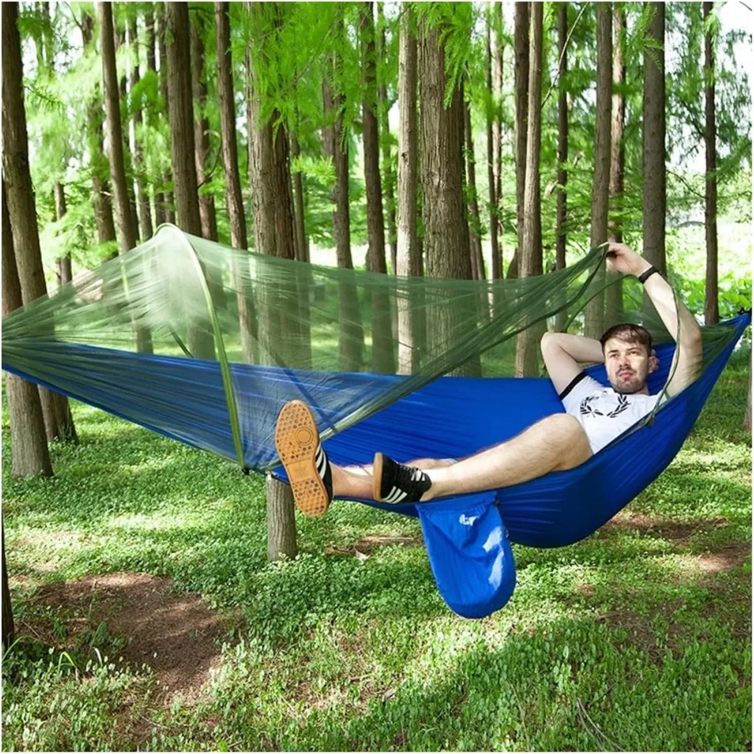 Single and Double Size Nylon Fabric Portable Travel Outdoor Camping Hanging Sleeping Hammock with Mosquito Net Camping Supplies for Terrace, Outdoor(Orange Grey)