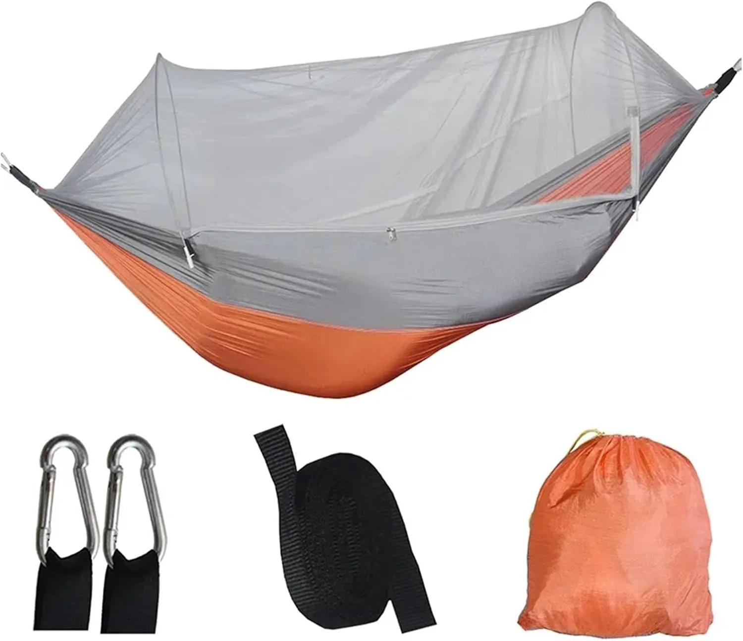 Single and Double Size Nylon Fabric Portable Travel Outdoor Camping Hanging Sleeping Hammock with Mosquito Net Camping Supplies for Terrace, Outdoor(Orange Grey)