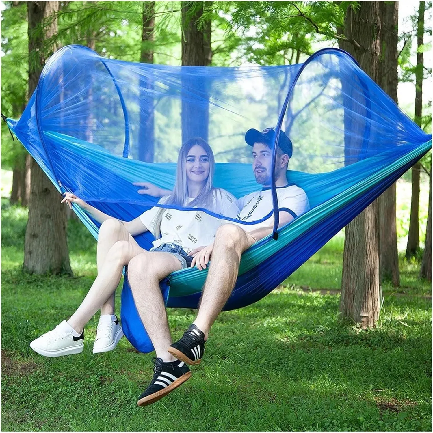 Single and Double Size Nylon Fabric Portable Travel Outdoor Camping Hanging Sleeping Hammock with Mosquito Net Camping Supplies for Terrace, Outdoor(Orange Grey)