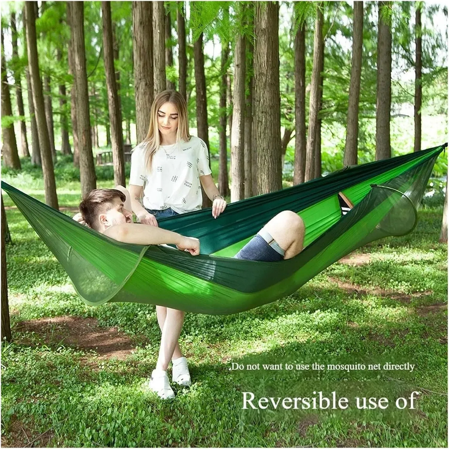 Single and Double Size Nylon Fabric Portable Travel Outdoor Camping Hanging Sleeping Hammock with Mosquito Net Camping Supplies for Terrace, Outdoor(Orange Grey)