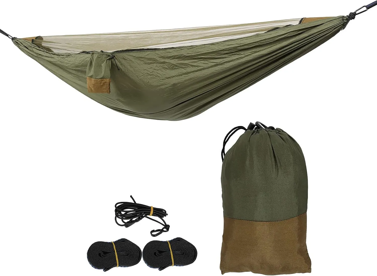 Single Hammock with Mosquito Netting Nylon Camping Hammock Anti Mosquito Portable Sleeping Bed Net Swing for Outdoor Camping 280x140cm (Military Green   Camel Color)