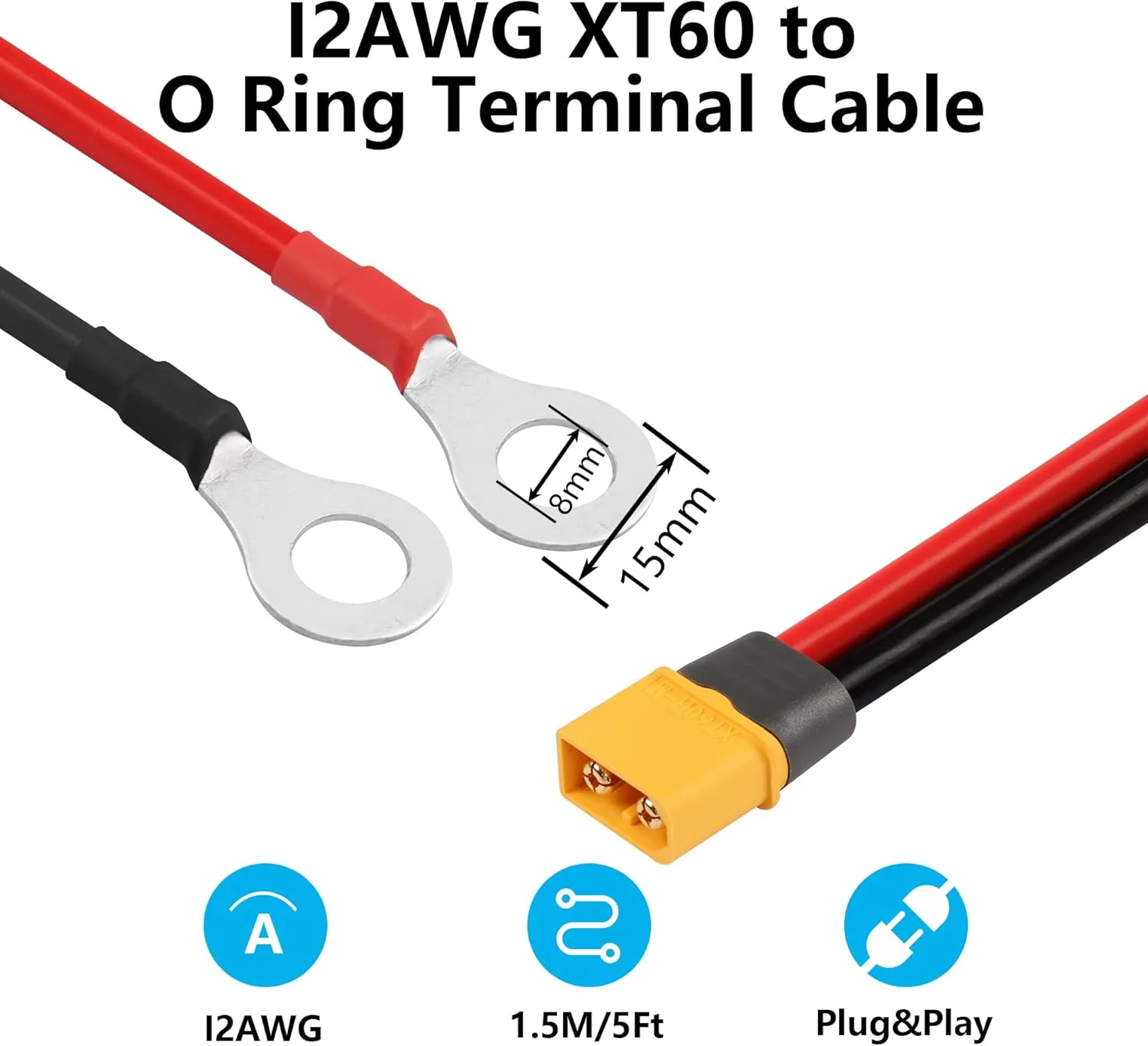 SinLoon XT60 to O Ring Terminal Cable 12AWG 59inch XT60H Male to O-Ring Connector Cord for RC Aircraft Toy Cars Lipo Battery FPV Racing Drone (1.5M/5Ft-M)