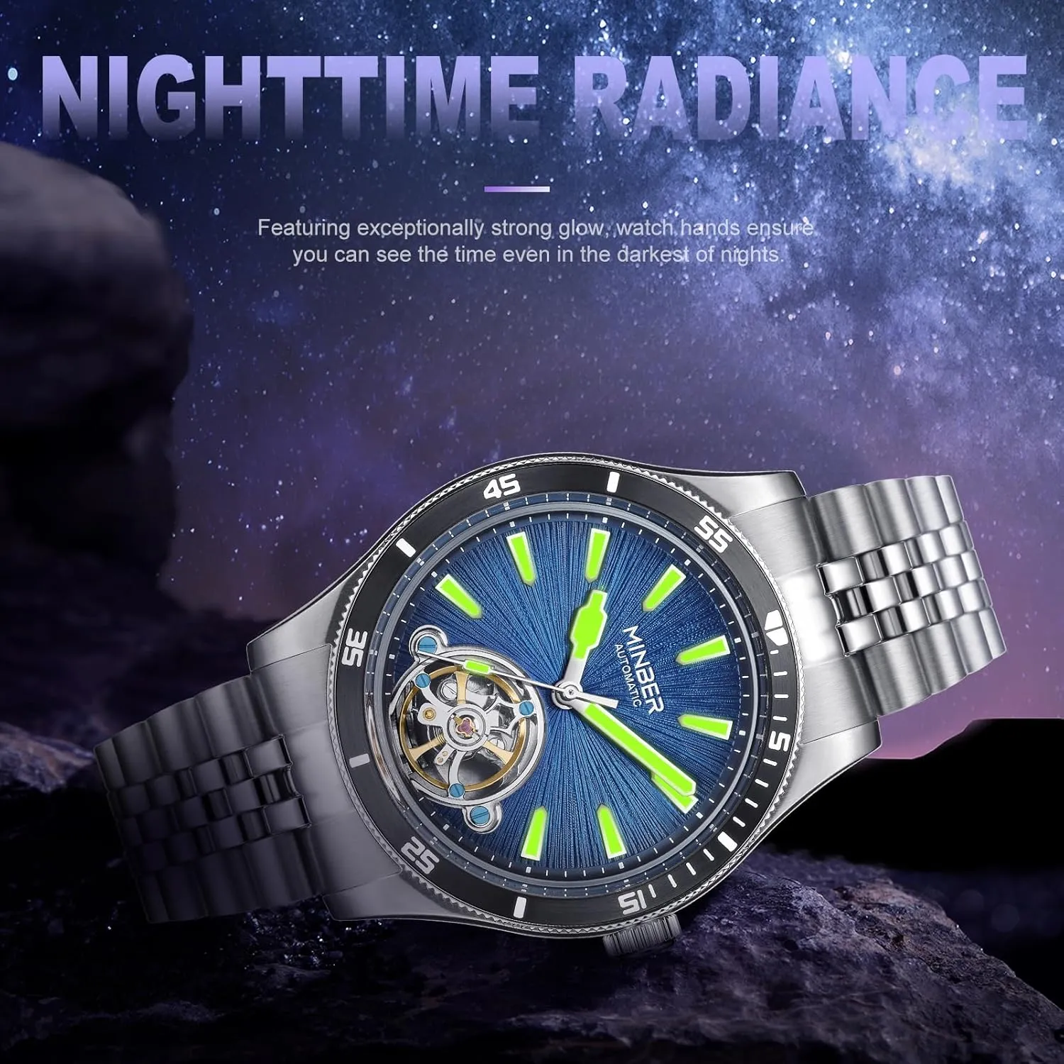 Skeleton Automatic Watch, 45mm Dial with Luminous Hands, Self Winding Watch, 3 ATM Waterproof, 316L Stainless Steel