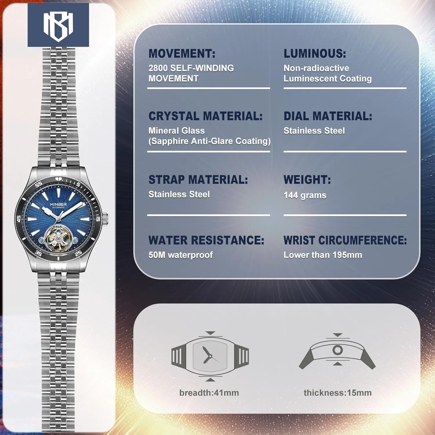Skeleton Automatic Watch, 45mm Dial with Luminous Hands, Self Winding Watch, 3 ATM Waterproof, 316L Stainless Steel