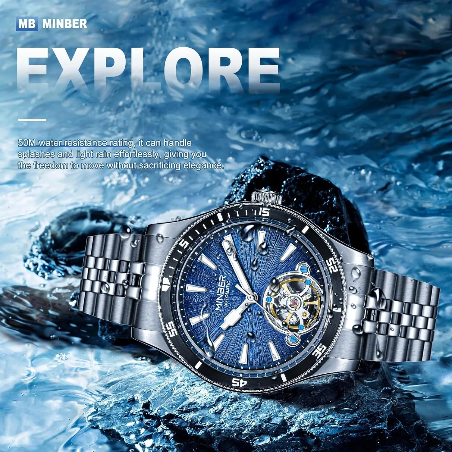Skeleton Automatic Watch, 45mm Dial with Luminous Hands, Self Winding Watch, 3 ATM Waterproof, 316L Stainless Steel