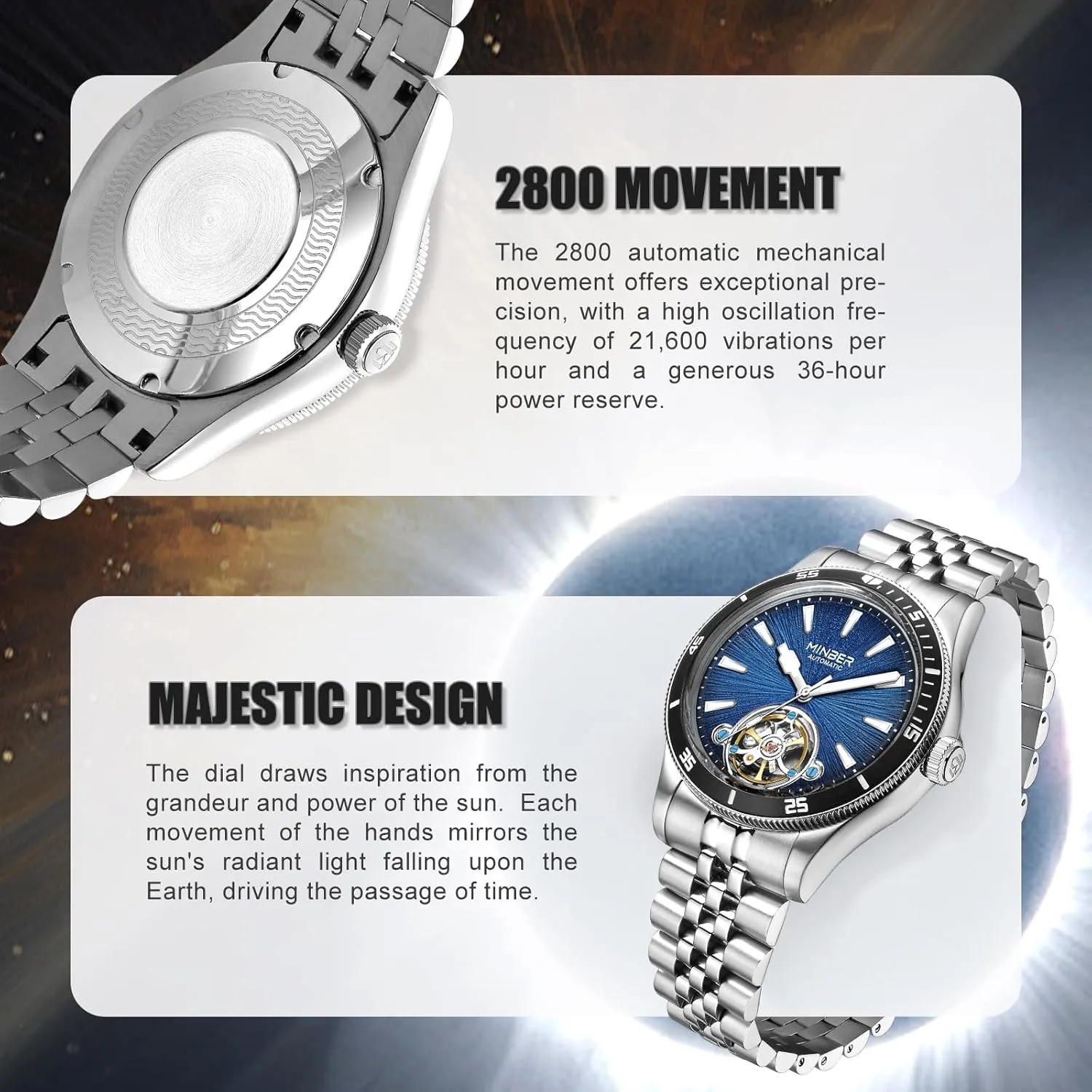 Skeleton Automatic Watch, 45mm Dial with Luminous Hands, Self Winding Watch, 3 ATM Waterproof, 316L Stainless Steel
