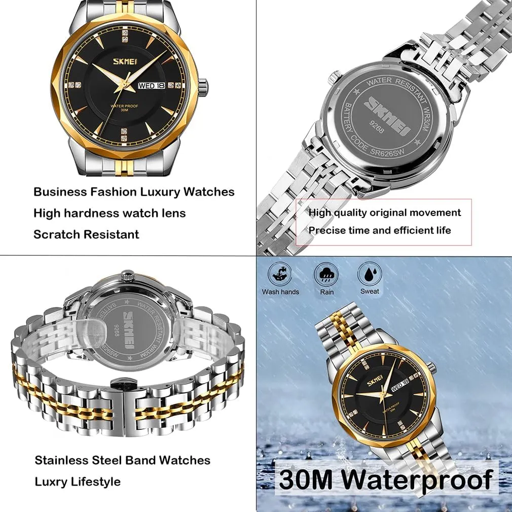 SKMEI Watch for Men Business Stainless Dress Fashion Waterproof Luxury Analog Simple Day Date Fathers Dad Gifts Silver Gold Wrist Watches