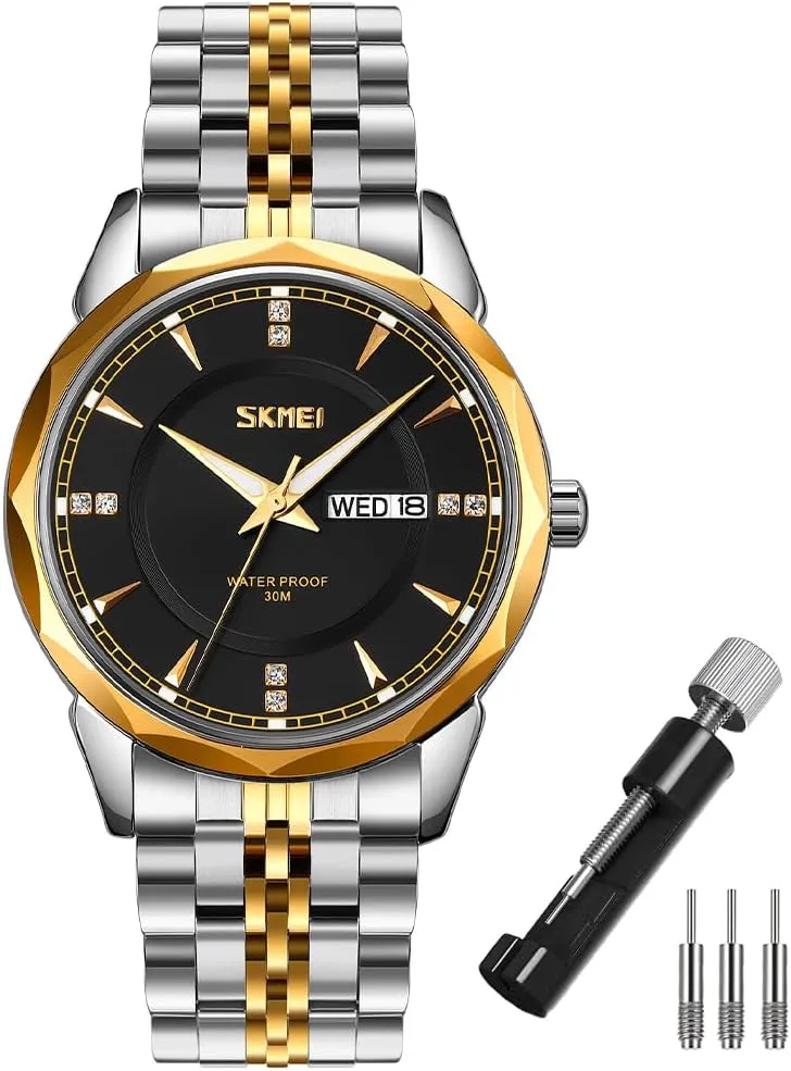 SKMEI Watch for Men Business Stainless Dress Fashion Waterproof Luxury Analog Simple Day Date Fathers Dad Gifts Silver Gold Wrist Watches
