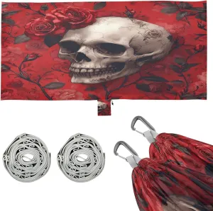 Skull and Roses Camping Hammock, Single Portable Hammocks with Tree Straps & Attached Carry Bag, 330Lbs Capacity Perfect for Outside Indoor Hiking Beach Backpack Travel