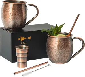 SKY FISH 3D Etched Moscow Mule Copper Mugs Set of 2 Stainless Steel Copper Mugs 18 oz Premium Gift Set with 2 Cocktail Copper Straws, Jigger