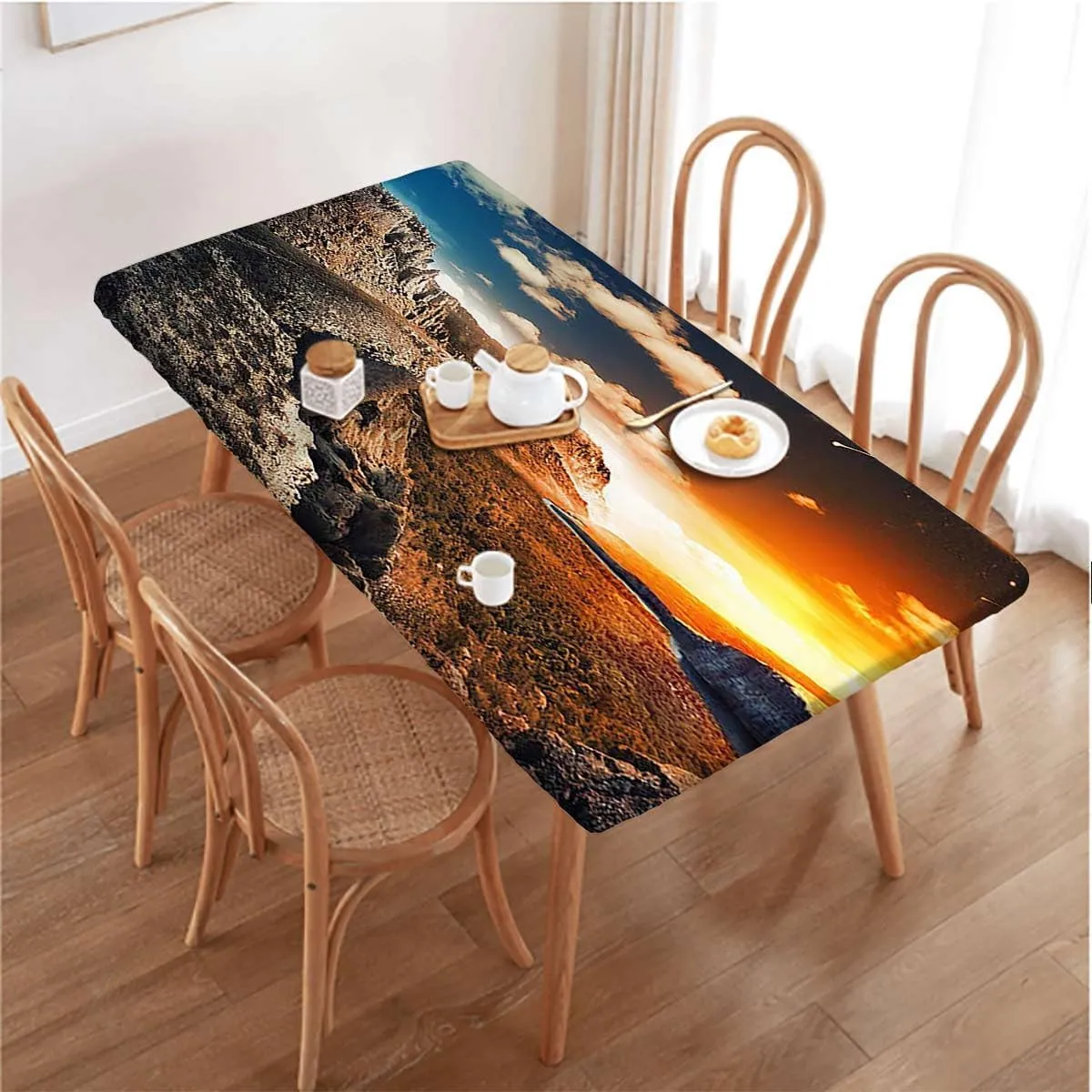 Slate Blue Orange Fitted Tablecloth for Rectangle Table Mountain Range with Creek Art Fitted Tablecloth Elastic Edge Table Cloth for Party Dining Home Picnic Aerial View Fits up 5 Foot Tables