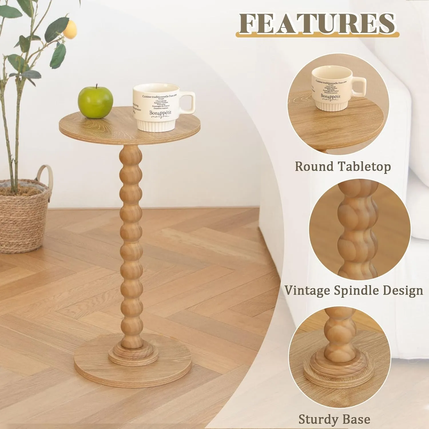 Small Side Table, Drink Table for Small Spaces, Modern Accent Table Martini Table with Solid Wood Leg, Round End Tables Living Room for Bedroom and Office (Rustic Walnut)
