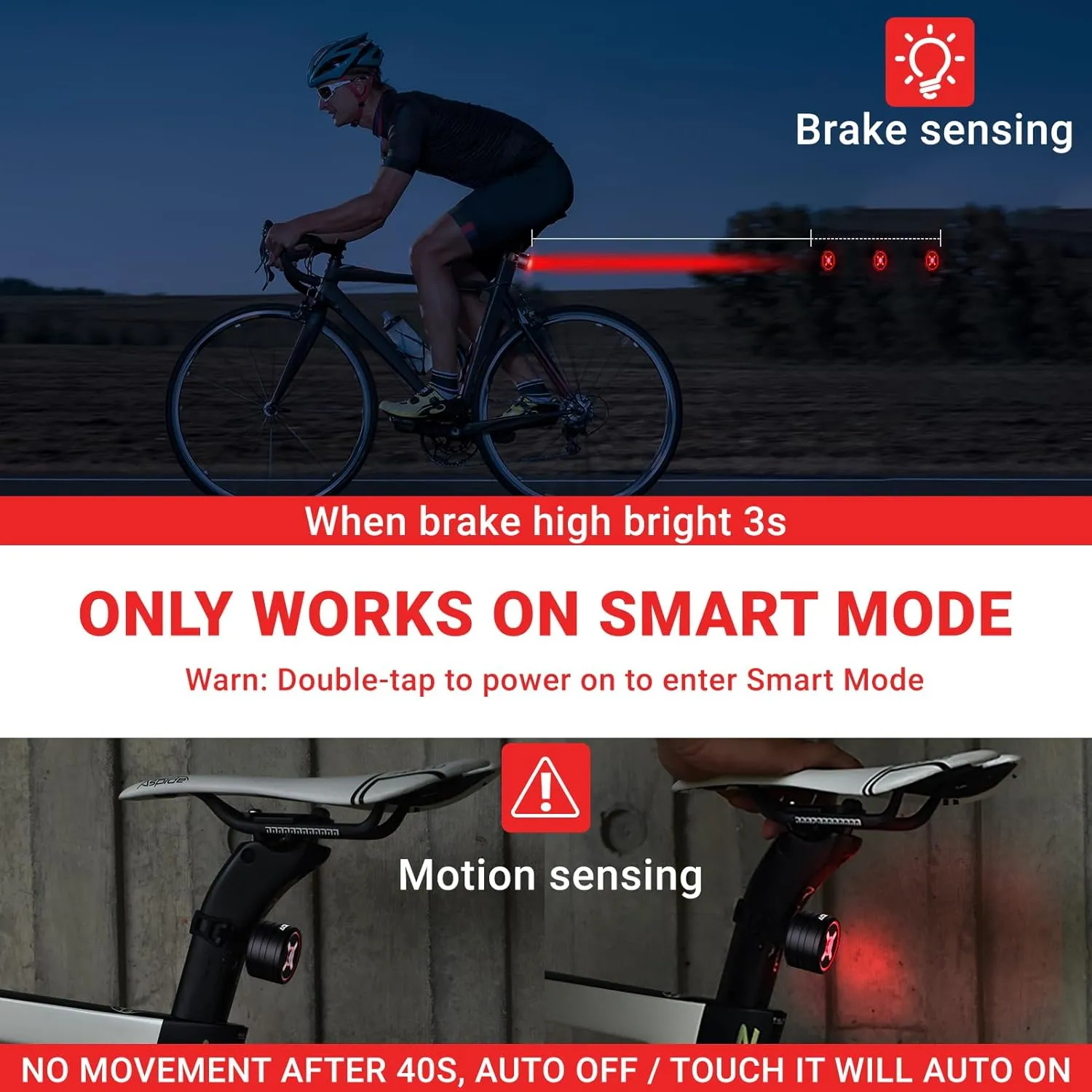 Smart Bike Tail Light,Brake Sensing,Auto On/Off Bicycle Rear Lights for Night Ride,Ultra Bright LED Back Lights,Memory Gear Function,IPX6 Waterproof,Cycling Safety Taillight
