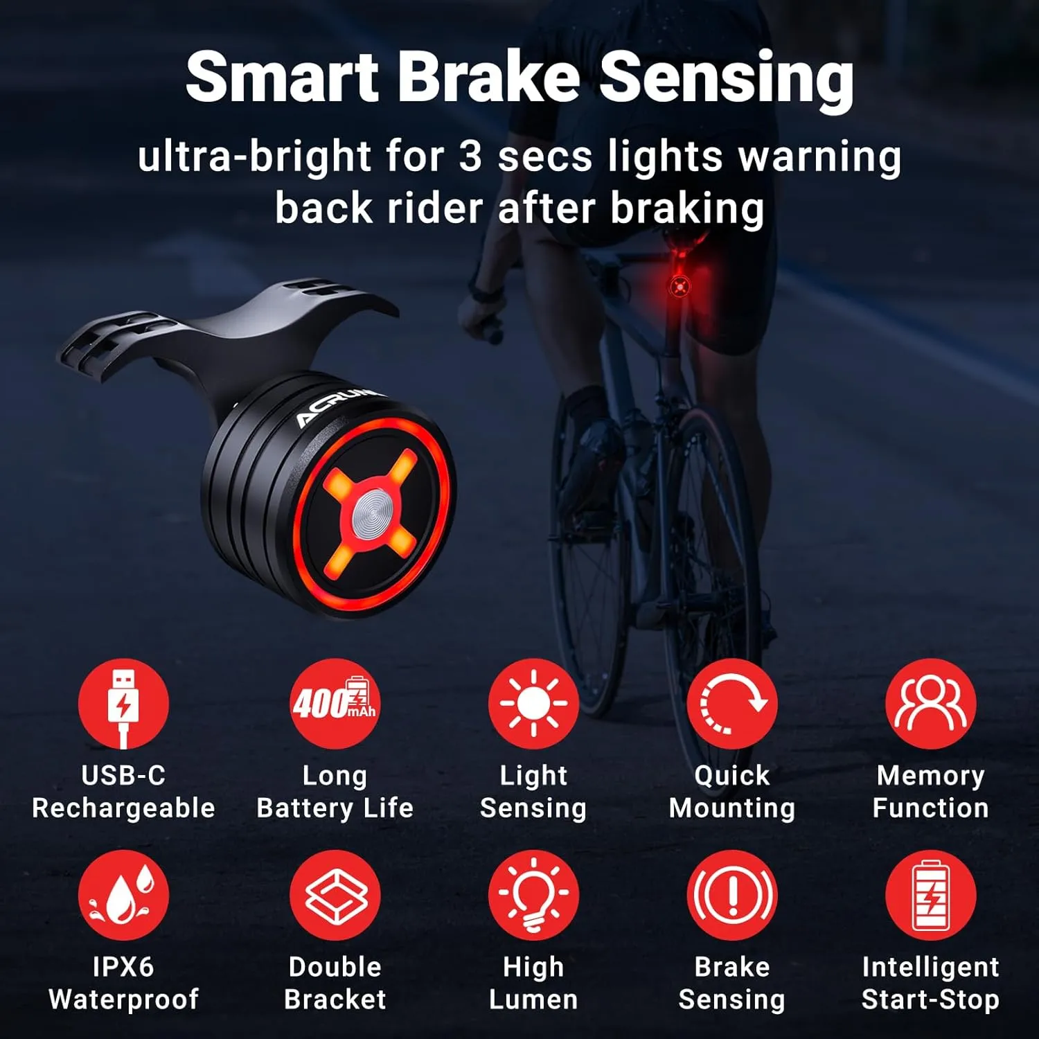 Smart Bike Tail Light,Brake Sensing,Auto On/Off Bicycle Rear Lights for Night Ride,Ultra Bright LED Back Lights,Memory Gear Function,IPX6 Waterproof,Cycling Safety Taillight