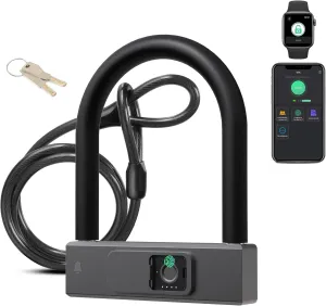 Smart Bike U Lock with Cable eLinksmart Heavy Duty Fingerprint Bicycle U-Lock,18.4mm Shackle 1.5m Cable with Strap Holder Bracket for Road, Mountain, Electric Bike, Phone App Unlock