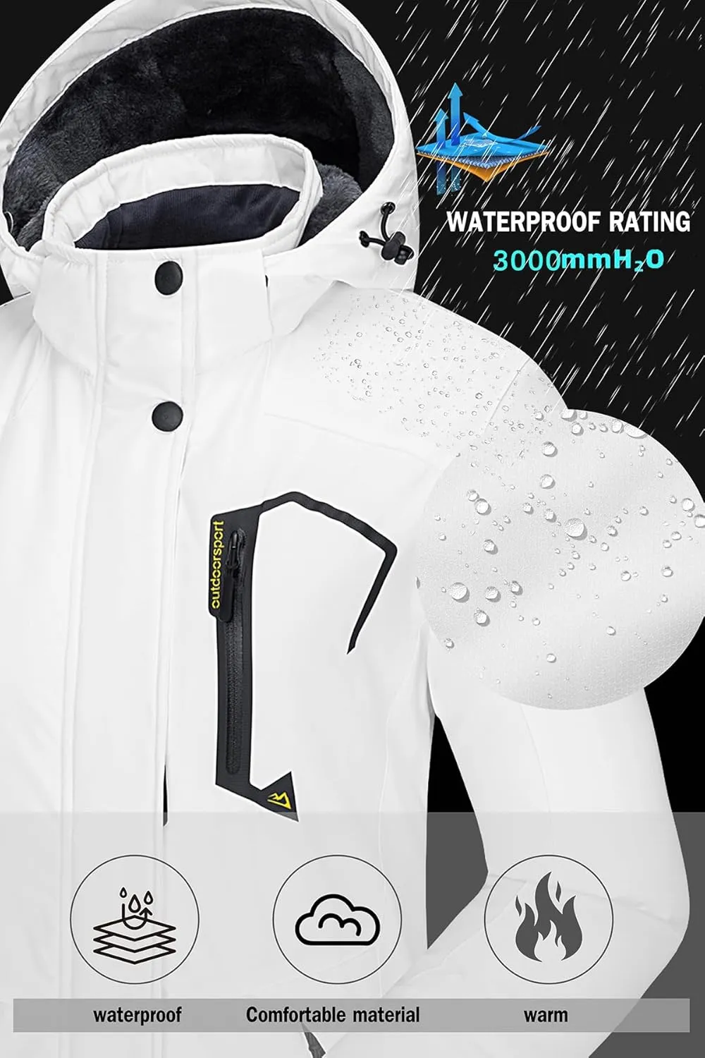 SMENG Womens Ski Jacket Waterproof Warm Winter Coats Windproof Fleece Lined Jacket Detachable Hood