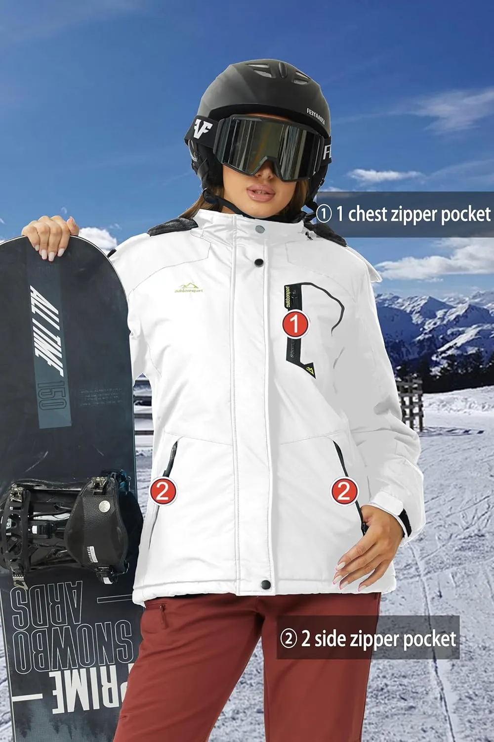 SMENG Womens Ski Jacket Waterproof Warm Winter Coats Windproof Fleece Lined Jacket Detachable Hood