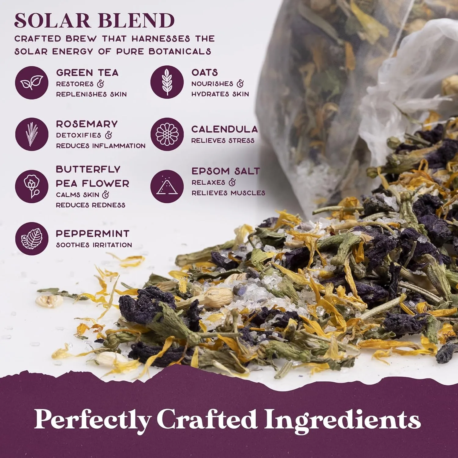 Solar Blend Bath Tea by Purple Canyon | 3 Reviving Bath Soaks with Eucalyptus, Peppermint, Calendula, and Dried Flowers | Self Care Gifts for Women