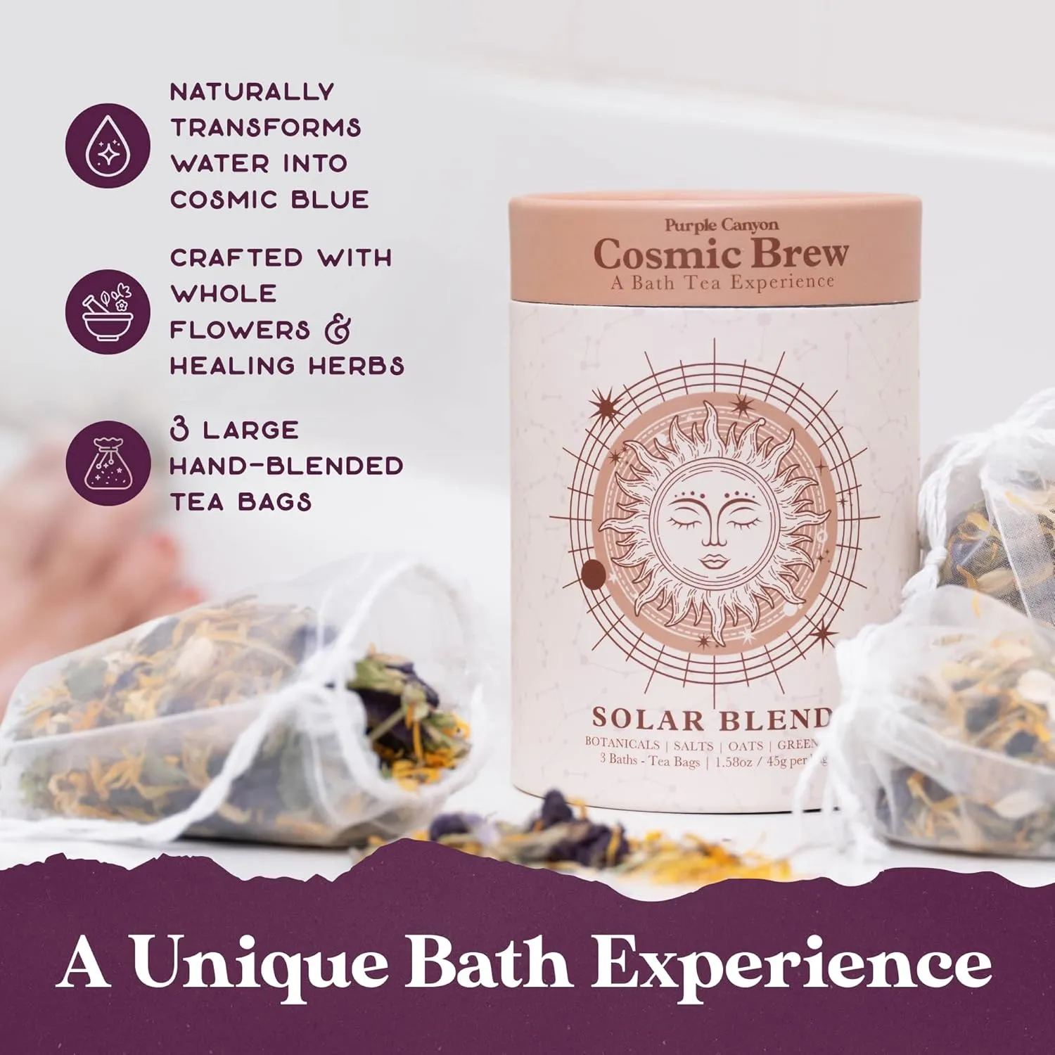 Solar Blend Bath Tea by Purple Canyon | 3 Reviving Bath Soaks with Eucalyptus, Peppermint, Calendula, and Dried Flowers | Self Care Gifts for Women