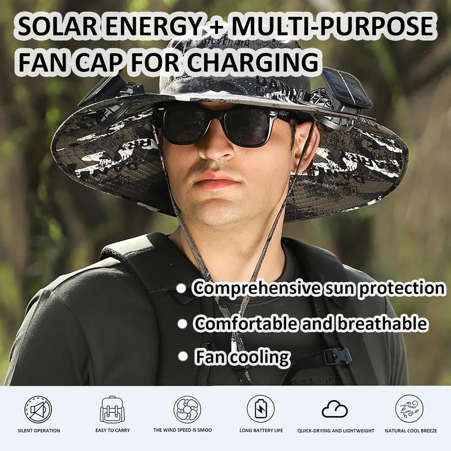 Solar Fan Hat, Accustomas Solar Hat, Wide Brim Solar Fan Hats Outdoor Fishing, UPF 50  Fishing & Beach with Fan Built in