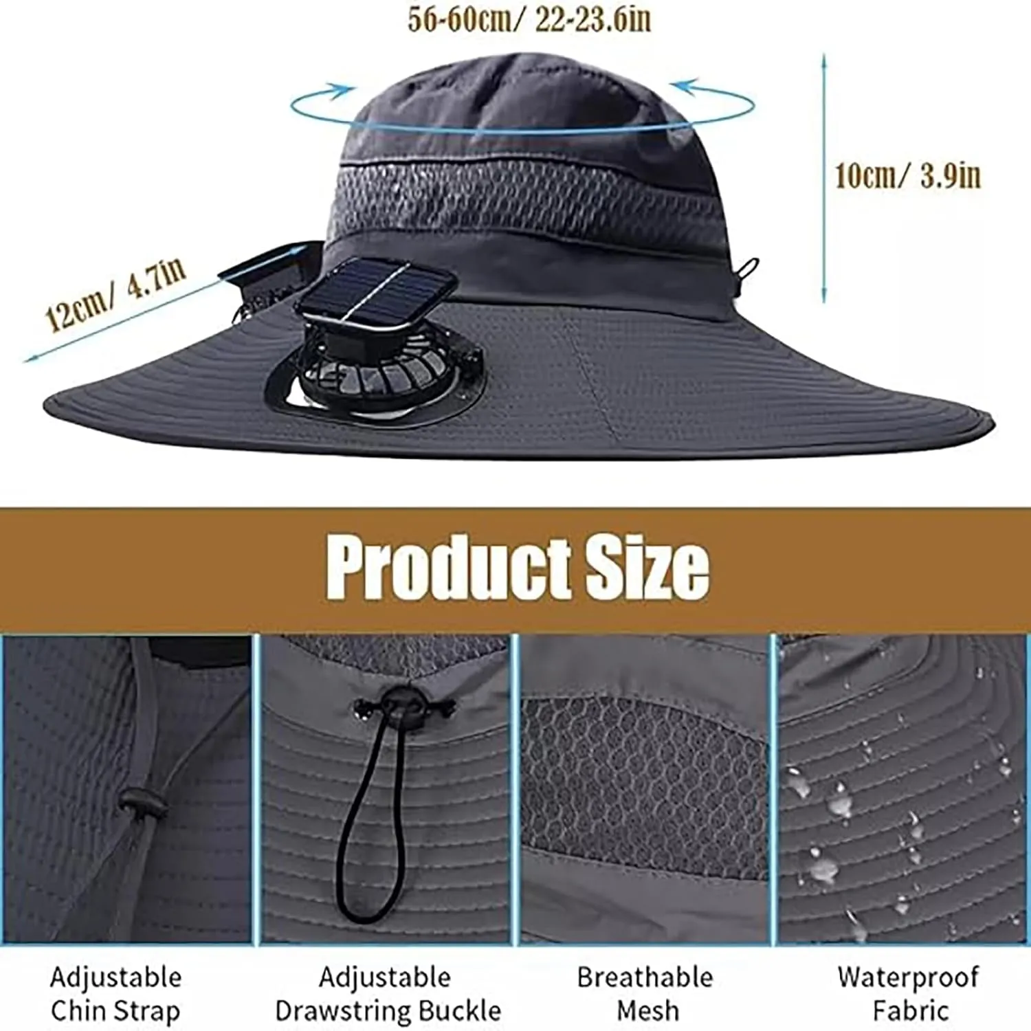 Solar Fan Hat, Accustomas Solar Hat, Wide Brim Solar Fan Hats Outdoor Fishing, UPF 50  Fishing & Beach with Fan Built in