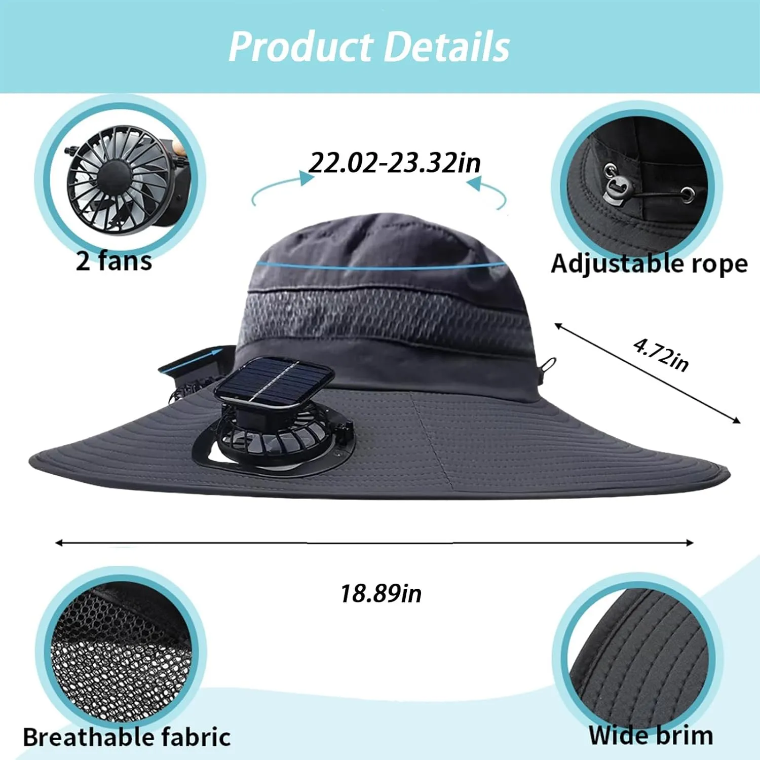 Solar Fan Hat Breathable Wide Brim Sun Hat for Men Women Sun Bucket Fishing Hats with 2 Solar Fan UPF 50  Outdoor
