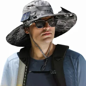 Solar Fan Hat Breathable Wide Brim Sun Hat for Men Women Sun Bucket Fishing Hats with 2 Solar Fan UPF 50  Outdoor