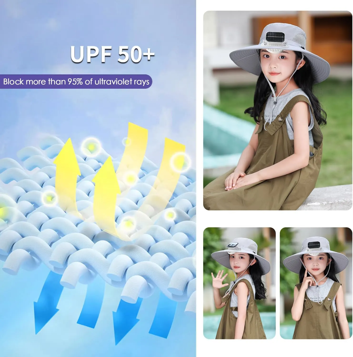 Solar Fan Hat for Kids - Wide Brim Sun Hat with Solar Powered Fan, Adjustable & UPF 50 