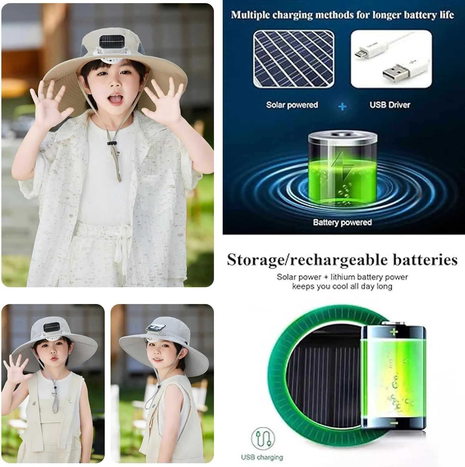 Solar Fan Hat for Kids - Wide Brim Sun Hat with Solar Powered Fan, Adjustable & UPF 50 