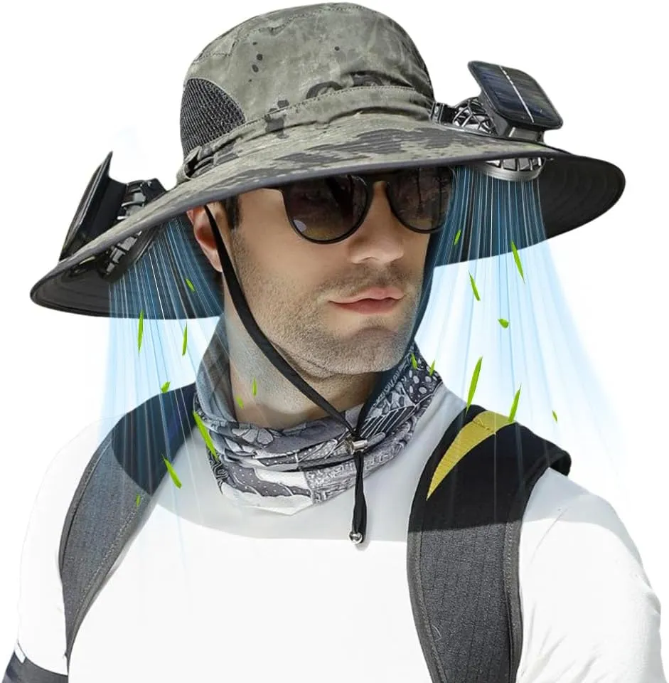 Solar Fan Hat for Men Women,Outdoor Fishing Wide Brim Sun Hat with Fans Built in Solar Power UPF 50  Bucket Fishing & Beach